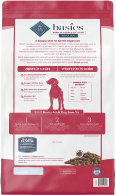 Paquete: Blue Buffalo Basics Cuidado de la piel y el estómago Receta de salmón y patata Alimento seco para adultos + Galletas Premios para perros de salmón y patata