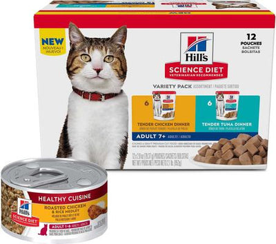 Bundle: Hill's Science Diet Adult Healthy Cuisine Roasted Chicken & Rice Medley Canned Food + Adult 7+ Tender Dinner Variety Pack Cat Food