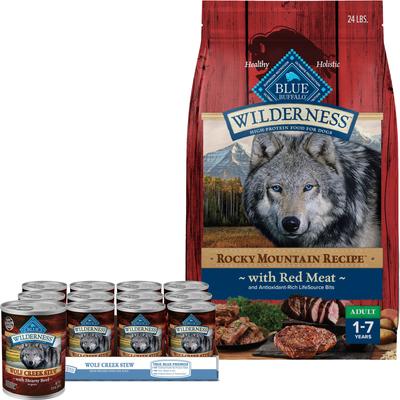 Paquete: Alimento seco para perros Blue Buffalo Wilderness RMR Red Meat + alimento enlatado para perros Wilderness Wolf Creek Stew Hearty Beef Stew