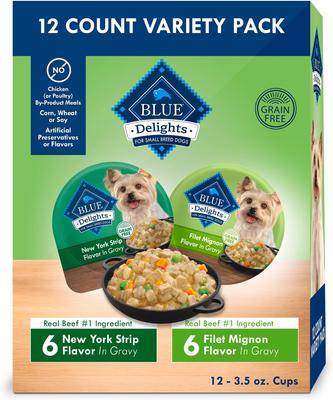 Paquete: Paquete variado de salsa Divine Delights de Blue Buffalo, bandejas de comida para perros con sabor a filete miñón y tira de Nueva York + salsa abundante con sabor a pollo asado