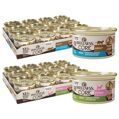 Bundle: Wellness CORE Natural Grain-Free Turkey & Chicken Liver Pate Canned Kitten Food, 3-oz, case of 12 + Wellness CORE Grain-Free Salmon, Whitefish & Herring Pate Canned Kitten & Cat Food, 3-oz, case of 12