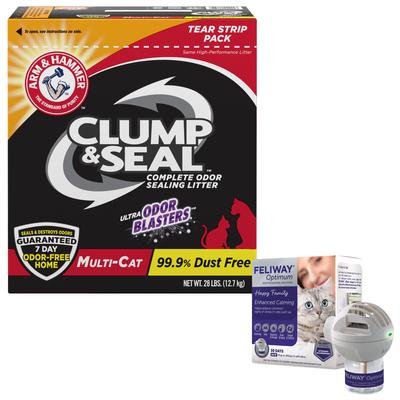 Paquete: Kit difusor de feromonas calmantes Feliway Optimum para gatos + Arena aglomerante de arcilla Arm & Hammer Clump & Seal con aroma para múltiples gatos