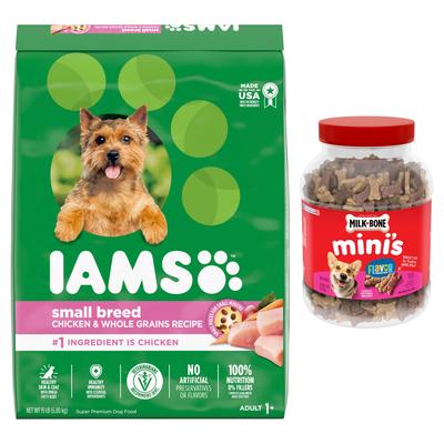 Paquete: Alimento seco Iams ProActive Health para adultos de razas pequeñas + Snacks Milk-Bone Mini's con sabor a carne de res, pollo y tocino