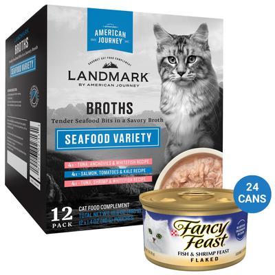 Bundle: Fancy Feast Flaked Fish & Shrimp Feast Canned Food + American Journey Landmark Broths Seafood Variety Pack Wet Cat Food Complement Pouches