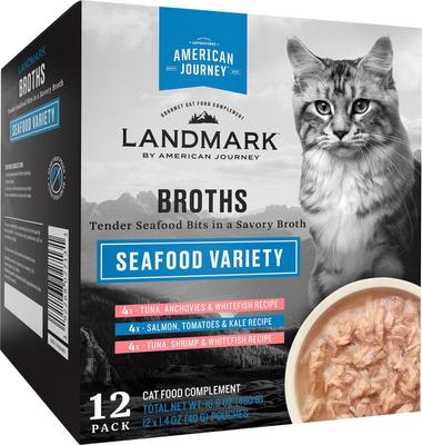 Bundle: Fancy Feast Flaked Fish & Shrimp Feast Canned Food + American Journey Landmark Broths Seafood Variety Pack Wet Cat Food Complement Pouches