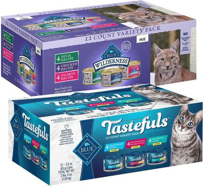Bundle: Blue Buffalo Tastefuls Tuna, Chicken, Fish & Shrimp Entrées Variety Pack Flaked Wet Food + Wilderness Pate Variety Pack Duck, Chicken & Salmon Grain-Free Cat Canned Food