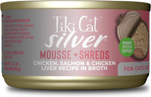 Silver Chicken, Salmon & Chicken Liver Mousse & Shreds Grain-Free Wet Cat Food, 2.4-oz can, case of 12