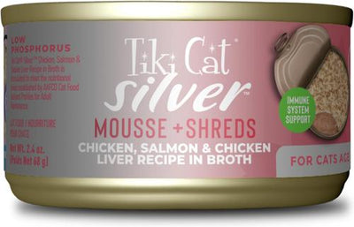 Silver Chicken, Salmon & Chicken Liver Mousse & Shreds Grain-Free Wet Cat Food, 2.4-oz can, case of 12