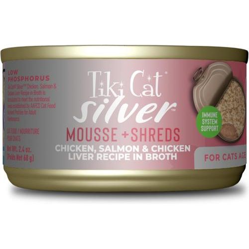 Alimento húmedo para gatos Silver Chicken, Salmon & Chicken Liver Mousse & Shreds sin cereales, lata de 2.4 oz, caja de 12