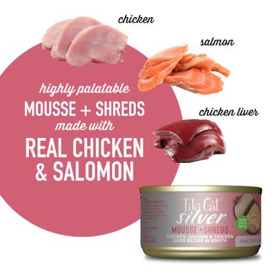 Silver Chicken, Salmon & Chicken Liver Mousse & Shreds Grain-Free Wet Cat Food, 2.4-oz can, case of 12