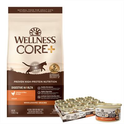 Bundle: Wellness CORE Digestive Health Chicken Pate Recipe Grain-Free Wet Cat Food, 3-oz, case of 12 & Wellness CORE Digestive Health Wholesome Grains Chicken & Rice Recipe Dry Cat Food, 5-lb bag