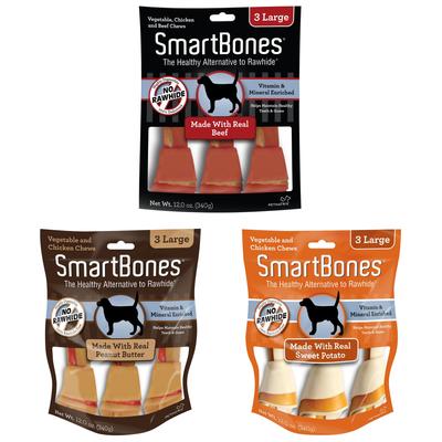 Paquete variado - Huesos masticables grandes de mantequilla de maní SmartBones para perros, 3 unidades, sabores: carne de res y batata