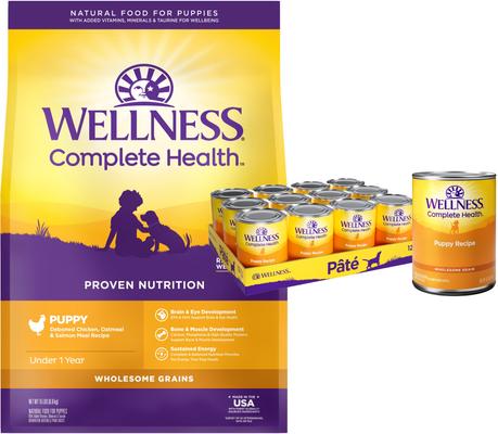 Bundle: Wellness Complete Health Puppy Deboned Chicken, Oatmeal & Salmon Meal Recipe Dry Dog Food, 15-lb bag + Wellness Complete Health Just for Puppy Canned Dog Food, 12.5-oz, case of 12