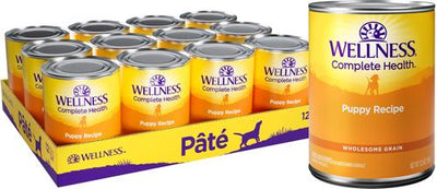 Paquete: Alimento seco para perros Wellness Complete Health Puppy con pollo deshuesado, avena y salmón, bolsa de 15 lb + Alimento enlatado para perros Wellness Complete Health Just for Puppy, 12.5 oz, caja de 12