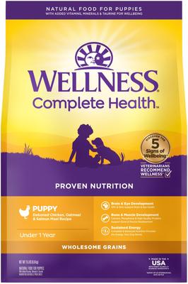 Bundle: Wellness Complete Health Puppy Deboned Chicken, Oatmeal & Salmon Meal Recipe Dry Dog Food, 15-lb bag + Wellness Complete Health Just for Puppy Canned Dog Food, 12.5-oz, case of 12