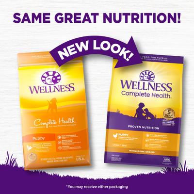 Bundle: Wellness Complete Health Puppy Deboned Chicken, Oatmeal & Salmon Meal Recipe Dry Dog Food, 15-lb bag + Wellness Complete Health Just for Puppy Canned Dog Food, 12.5-oz, case of 12