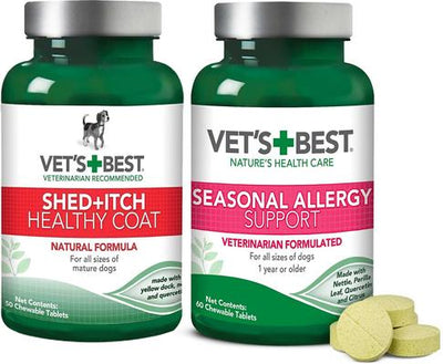 Paquete: Suplemento para perros Vet's Best Healthy Coat Shed & Itch Relief (50 unidades) + Suplemento para perros Vet's Best Seasonal Allergy Relief (60 unidades)