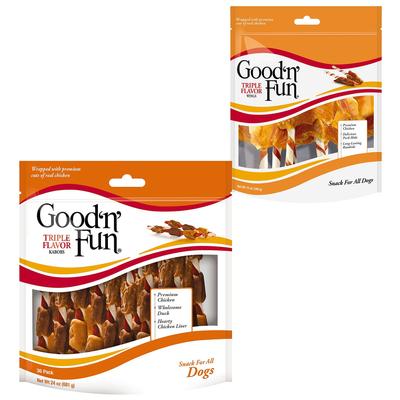 Paquete: Brochetas de triple sabor Good 'n' Fun de pollo, pato e hígado + alitas, masticables de carne de res, cerdo y pollo para perros