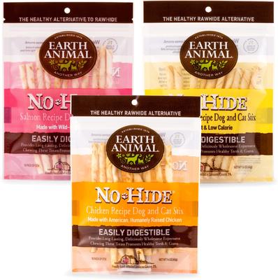 Bundle: Earth Animal No-Hide Stix Long Lasting Natural Rawhide Alternative Chicken Recipe, 10 count + Salmon Recipe, 10 count + Peanut Butter Vegetarian Recipe Chew Dog & Cat Treat Sticks, 10 count