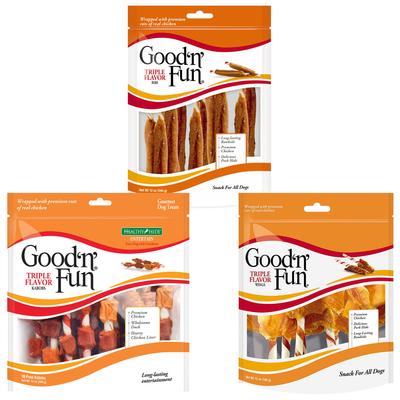 Paquete variado: brochetas de triple sabor Good 'n' Fun, masticables de pollo, pato e hígado de pollo para perros, carne de res, cerdo y pollo, y palitos de carne de res, cerdo y pollo.