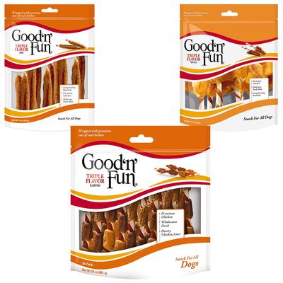 Paquete variado: brochetas de triple sabor Good 'n' Fun, masticables para perros de pollo, pato e hígado, carne de res, cerdo y pollo, y palitos de carne de res, cerdo y pollo.