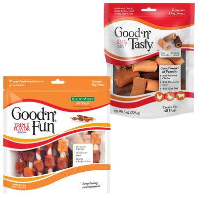 Bundle: Good 'n' Fun Triple Flavor Kabobs Chicken, Duck & Chicken Liver + Good 'n' Tasty Soft & Crunchy Variety Pack Dog Treats