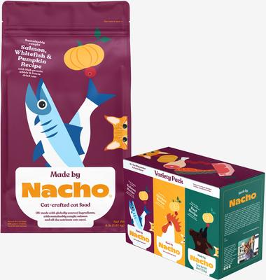 Bundle: Made by Nacho Sustainably Caught Salmon, Whitefish & Pumpkin Recipe with Freeze-Dried Chicken Liver Dry Cat Food, 4-lb bag + Cuts In Gravy Recipes with Bone Broth Variety Pack Wet Food