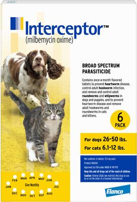 Flavored Tablet for Dogs, 26-50 lbs, & Cats, 6.1-12 lbs, (Yellow Box), 6 Flavored Tablets (6-mos. supply)