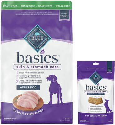 Paquete: Blue Buffalo Basics Skin & Stomach Care Grain-Free Formula Turkey & Potato Recipe Adult Dry Food + Biscuits Turkey & Potato Dog Treats