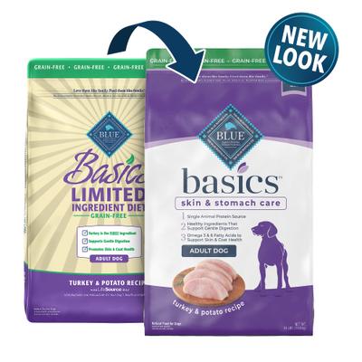 Paquete: Blue Buffalo Basics Skin & Stomach Care Grain-Free Formula Turkey & Potato Recipe Adult Dry Food + Biscuits Turkey & Potato Dog Treats