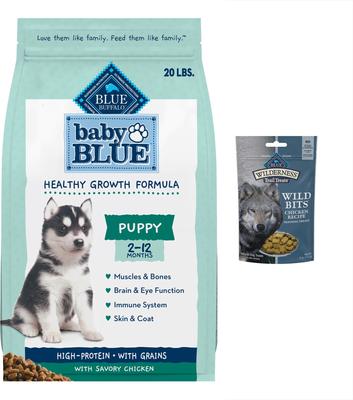 Bundle: Blue Buffalo Wilderness Trail Treats Chicken Wild Bits Training Treats + High Protein Puppy Chicken Dry Dog Food