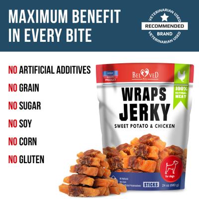 All Natural Sweet Potato & Chicken Wraps Human Grade Grain-Free & High-Protein Jerky Dog Treats, 1.5-lb bag