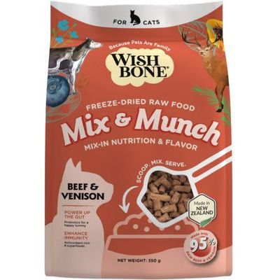 Alimento liofilizado para gatos Mix & Munch Raw, alto en proteínas, sin cereales, con carne de res y venado, bolsa de 355 g