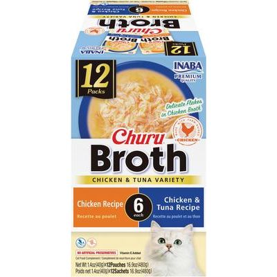 Premio para lamer para gatos Churu Broth, variedad de pollo y atún, bolsa de 1.4 oz, 12 unidades
