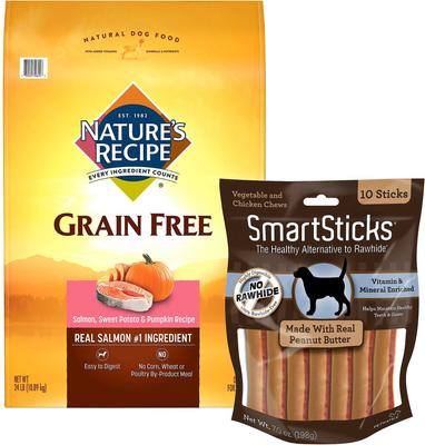 Bundle: Nature's Recipe Grain-Free Salmon, Sweet Potato & Pumpkin Recipe Dry Food + SmartBones SmartSticks Peanut Butter Chews Dog Treats