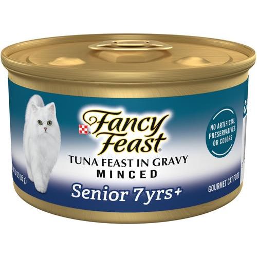 Comida enlatada para gatos mayores de 7 años Tuna Feast in Gravy Minced, lata de 3 oz, caja de 24