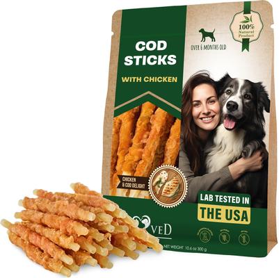 Dried Pet Snacks Cod Sticks Chicken Wrapped Rawhide-Free & Grain-Free Natural Dog Chews, 10.6-oz bag