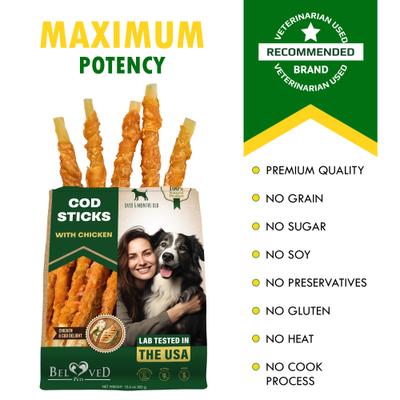 Dried Pet Snacks Cod Sticks Chicken Wrapped Rawhide-Free & Grain-Free Natural Dog Chews, 10.6-oz bag