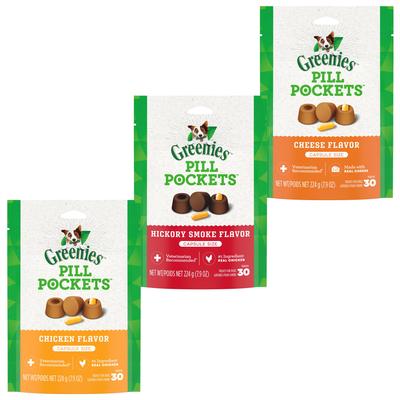 Bundle: Variety Pack - Greenies Pill Pockets Cheese Flavor Dog Treats, Capsule Size, 30 count, Hickory Smoke & Chicken Flavors