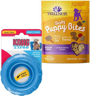 Bundle: KONG Puppy Tires Dog Toy, Color Varies, Small + Wellness Soft Puppy Bites Lamb & Salmon Recipe Grain-Free Dog Treats, 3-oz pouch