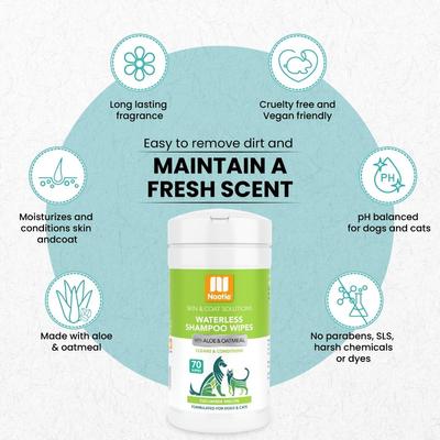 Toallitas de champú sin agua para perros y gatos con sabor a pepino y melón, 70 unidades