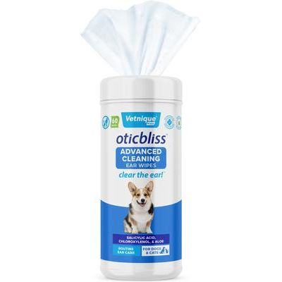 Toallitas limpiadoras avanzadas Oticbliss con aloe vera y control de olores, eliminan la suciedad y la cera de los oídos de perros y gatos (60 unidades)