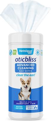 Toallitas limpiadoras avanzadas Oticbliss con aloe vera y control de olores, eliminan la suciedad y la cera de los oídos de perros y gatos (60 unidades)