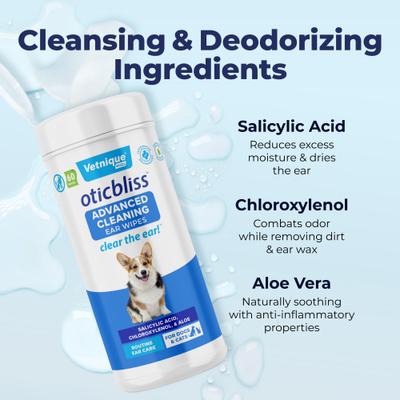 Toallitas limpiadoras avanzadas Oticbliss con aloe vera y control de olores, eliminan la suciedad y la cera de los oídos de perros y gatos (60 unidades)