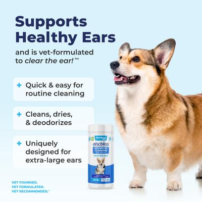 Toallitas limpiadoras avanzadas Oticbliss con aloe vera y control de olores, eliminan la suciedad y la cera de los oídos de perros y gatos (60 unidades)