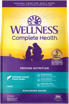 Bundle: Wellness Shine Skin & Coat Bacon Flavor Chew Supplements + Complete Health Whitefish & Sweet Potato Recipe Dry Dog Food