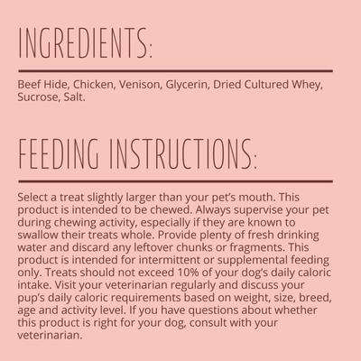 Proteins Rolls with Real Venison Highly Digestible Rawhide Dog Treat Chew, Large, 3 count