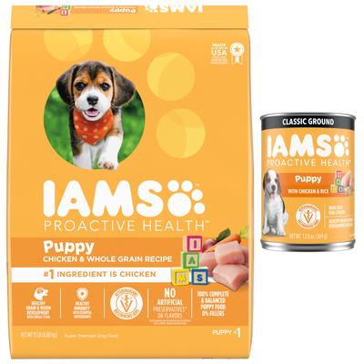 Paquete: Alimento seco para cachorros Iams Proactive Health con fórmula alta en proteínas y DHA con pollo real + Alimento húmedo clásico para cachorros con pollo molido y arroz
