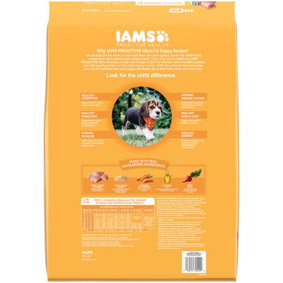 Paquete: Alimento seco para cachorros Iams Proactive Health con fórmula alta en proteínas y DHA con pollo real + Alimento húmedo clásico para cachorros con pollo molido y arroz