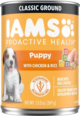Paquete: Alimento seco para cachorros Iams Proactive Health con fórmula alta en proteínas y DHA con pollo real + Alimento húmedo clásico para cachorros con pollo molido y arroz